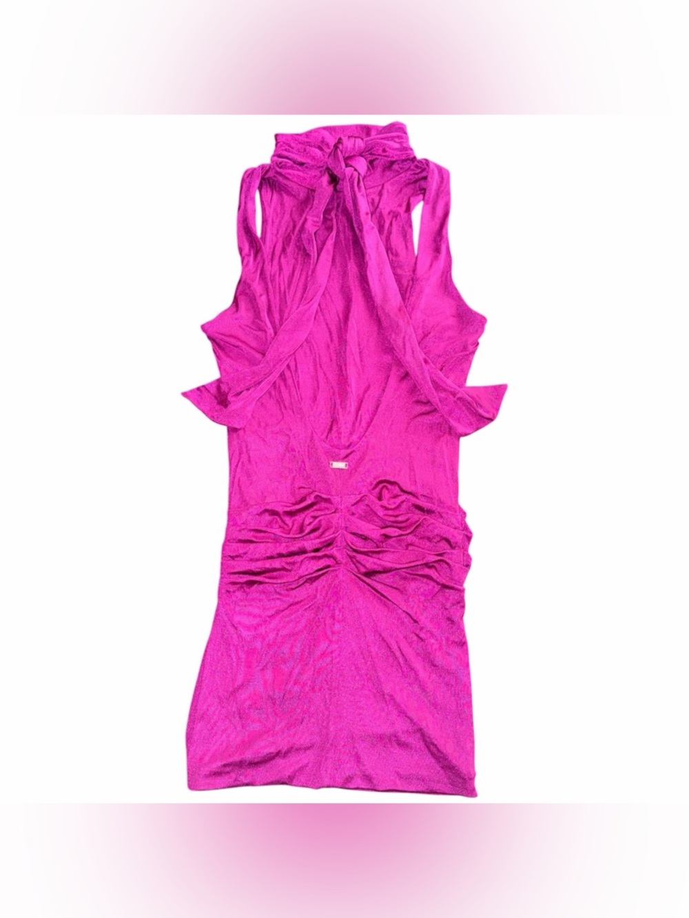 Y2K Vintage Marciano Open Tie Back Ruched Pleated Bodycon Fuchsia Mini Dress - Picture 6 of 9